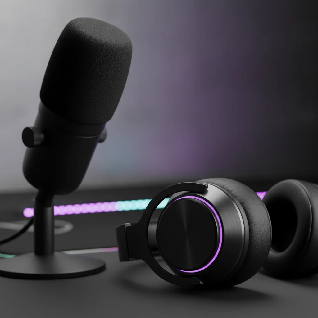 Vue rapprochée d'un casque gaming posé sur un bureau assorti