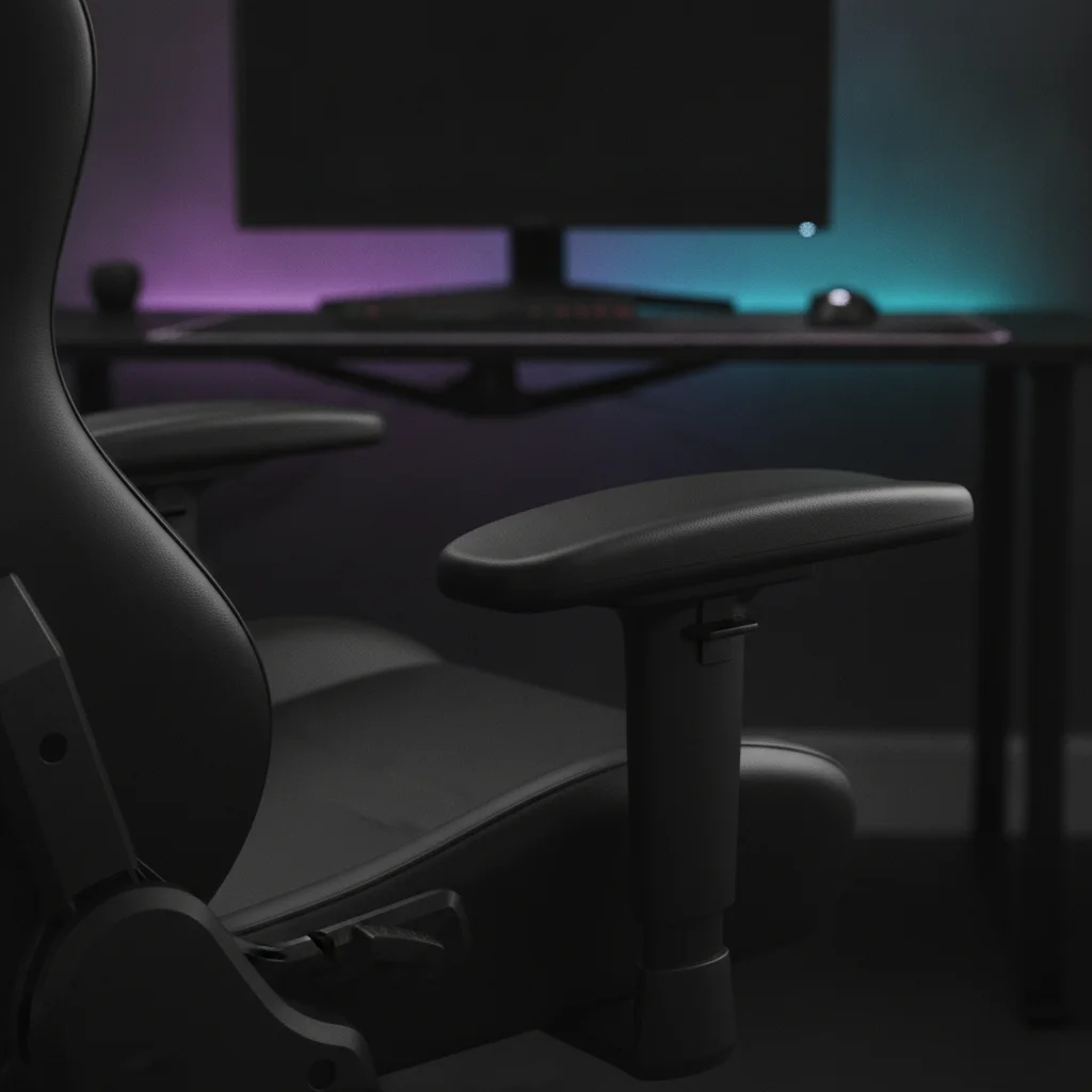 Silhouette d'un fauteuil gamer aux lignes profilées dans une ambiance tamisée